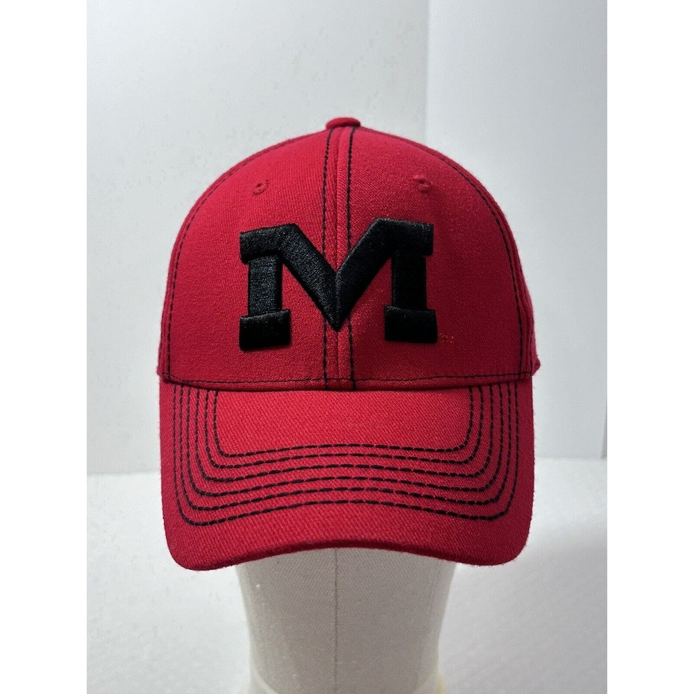 OLE MISS “M” CAP/HAT RED WITH BLACK LETTERING OUTLINED IN WHITE FITTED‎